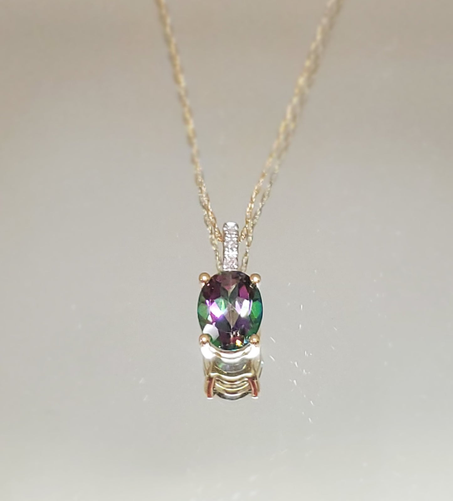 14K Gold Mystic Topaz Oval Necklace with Diamond Bail