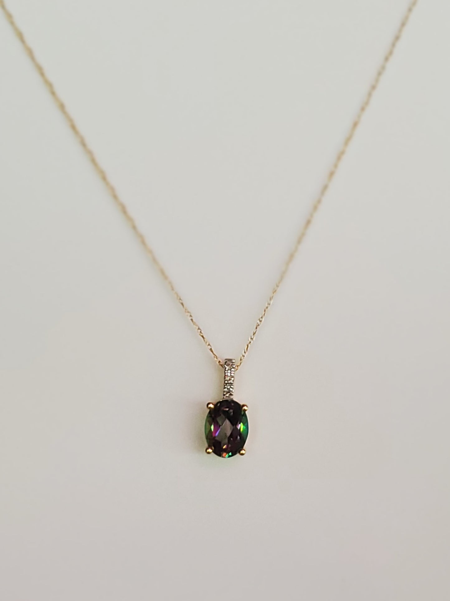 14K Gold Mystic Topaz Oval Necklace with Diamond Bail