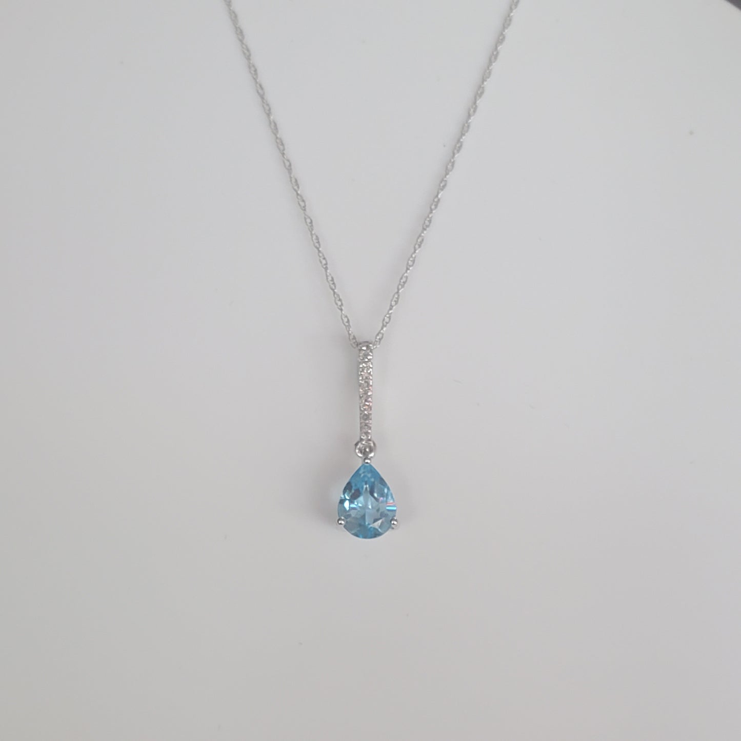 10k White Gold Diamond and Blue Topaz Teardrop Pendant