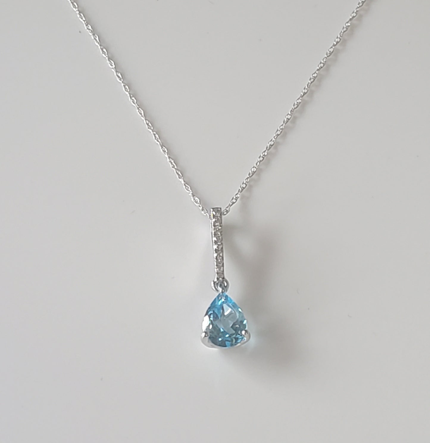 10k White Gold Diamond and Blue Topaz Teardrop Pendant