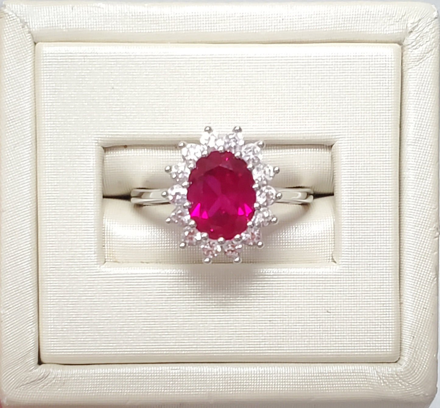10K White Gold with Created Ruby and White Saphire Ring