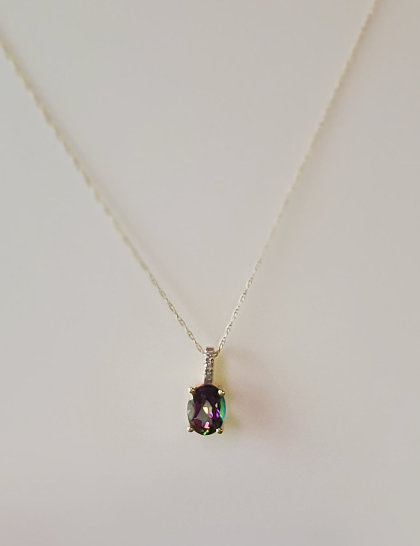 14K Gold Mystic Topaz Oval Necklace with Diamond Bail